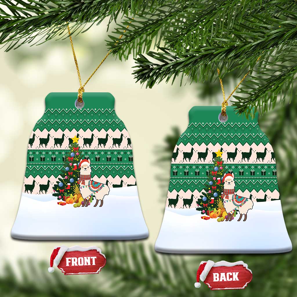 Llama Decorating Tree in Santa Hat Ceramic Ornament with Green Gift Pattern Design - Wonder Print Shop