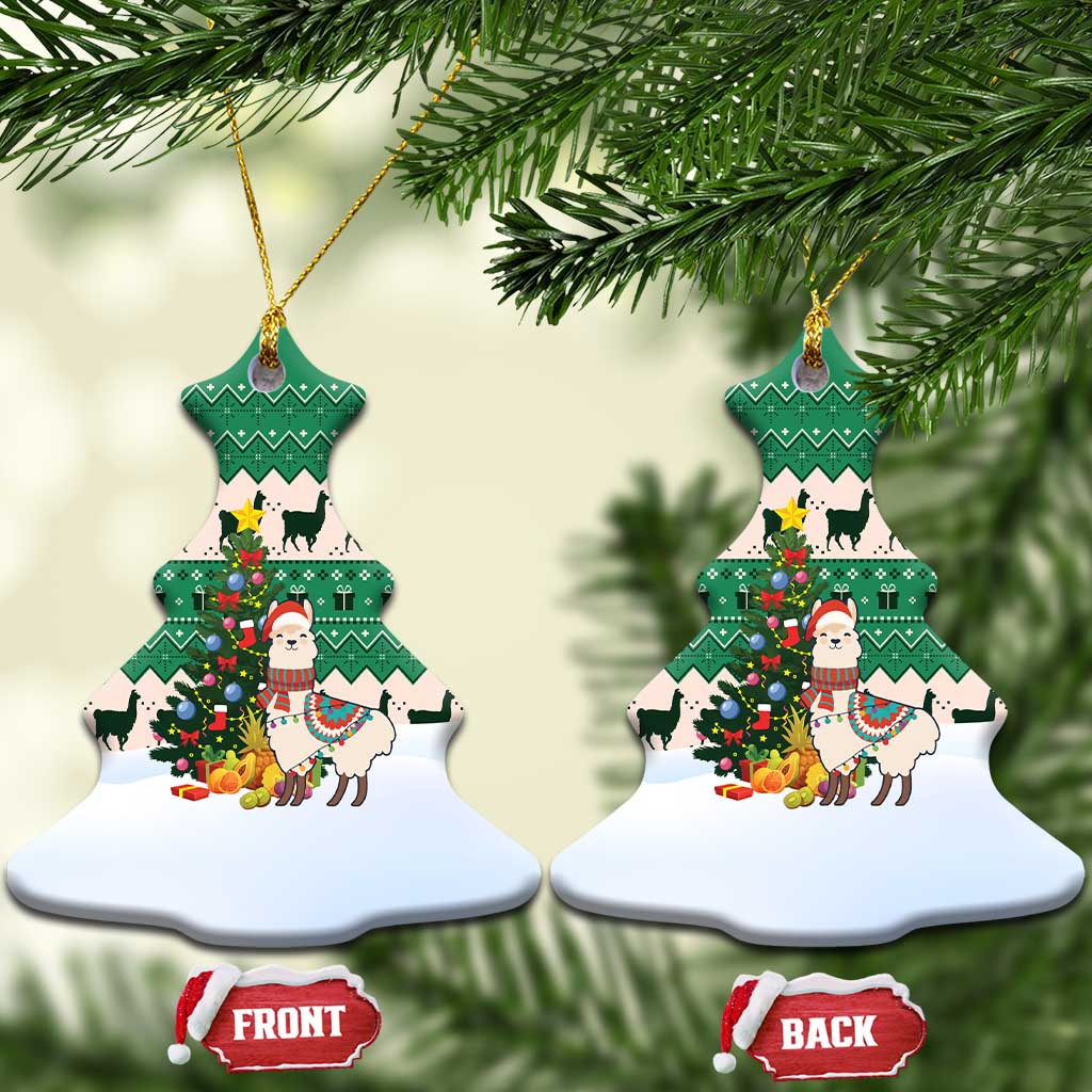 Llama Decorating Tree in Santa Hat Ceramic Ornament with Green Gift Pattern Design - Wonder Print Shop