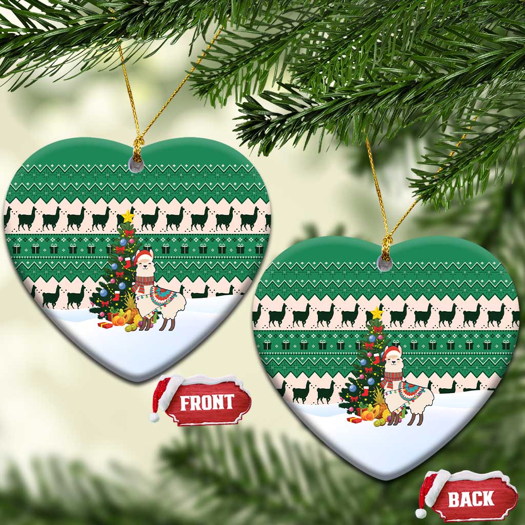 Llama Decorating Tree in Santa Hat Ceramic Ornament with Green Gift Pattern Design - Wonder Print Shop