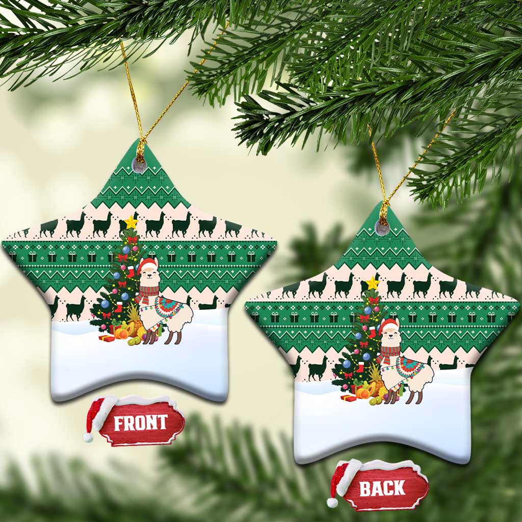 Llama Decorating Tree in Santa Hat Ceramic Ornament with Green Gift Pattern Design - Wonder Print Shop