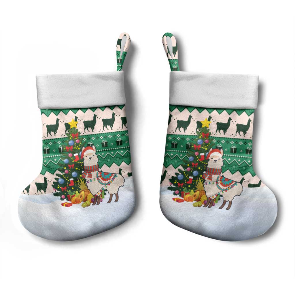 Llama Decorating Tree in Santa Hat Christmas Stocking with Green Gift Pattern Design - Wonder Print Shop