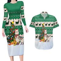 Llama Decorating Tree in Santa Hat Couples Matching Long Sleeve Bodycon Dress and Hawaiian Shirt with Green Gift Pattern Design - Wonder Print Shop