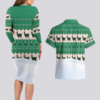 Llama Decorating Tree in Santa Hat Couples Matching Long Sleeve Bodycon Dress and Hawaiian Shirt with Green Gift Pattern Design - Wonder Print Shop