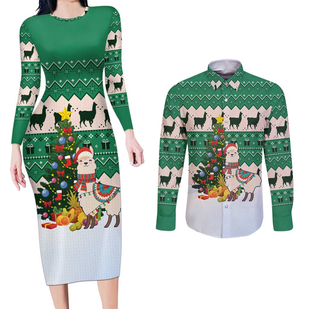 Llama Decorating Tree in Santa Hat Couples Matching Long Sleeve Bodycon Dress and Long Sleeve Button Shirt with Green Gift Pattern Design - Wonder Print Shop