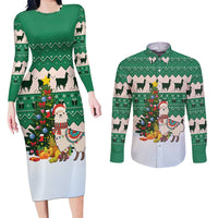 Llama Decorating Tree in Santa Hat Couples Matching Long Sleeve Bodycon Dress and Long Sleeve Button Shirt with Green Gift Pattern Design - Wonder Print Shop