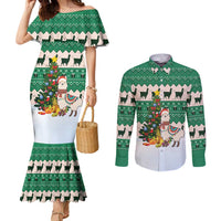 Llama Decorating Tree in Santa Hat Couples Matching Mermaid Dress and Long Sleeve Button Shirt with Green Gift Pattern Design - Wonder Print Shop
