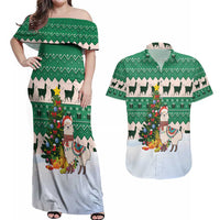 Llama Decorating Tree in Santa Hat Couples Matching Off Shoulder Maxi Dress and Hawaiian Shirt with Green Gift Pattern Design - Wonder Print Shop