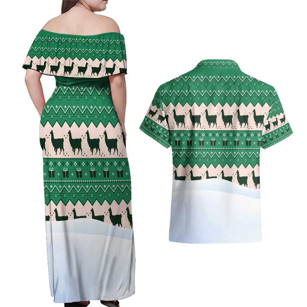 Llama Decorating Tree in Santa Hat Couples Matching Off Shoulder Maxi Dress and Hawaiian Shirt with Green Gift Pattern Design - Wonder Print Shop