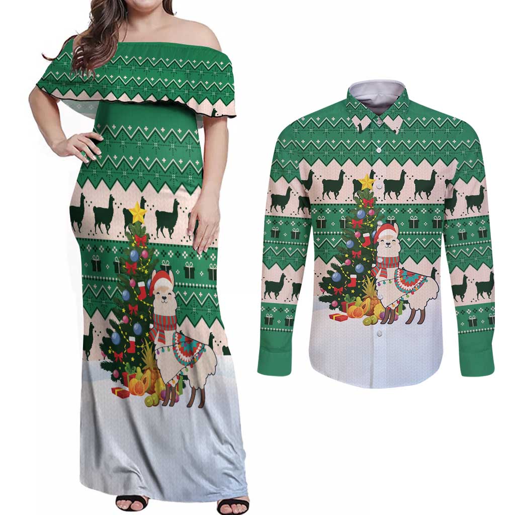 Llama Decorating Tree in Santa Hat Couples Matching Off Shoulder Maxi Dress and Long Sleeve Button Shirt with Green Gift Pattern Design - Wonder Print Shop