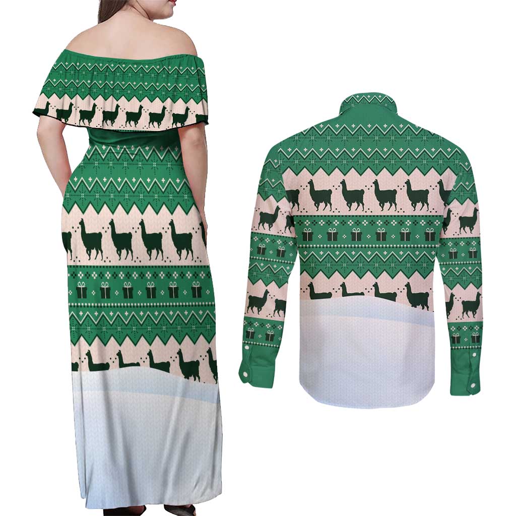 Llama Decorating Tree in Santa Hat Couples Matching Off Shoulder Maxi Dress and Long Sleeve Button Shirt with Green Gift Pattern Design - Wonder Print Shop