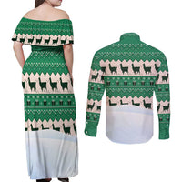 Llama Decorating Tree in Santa Hat Couples Matching Off Shoulder Maxi Dress and Long Sleeve Button Shirt with Green Gift Pattern Design - Wonder Print Shop