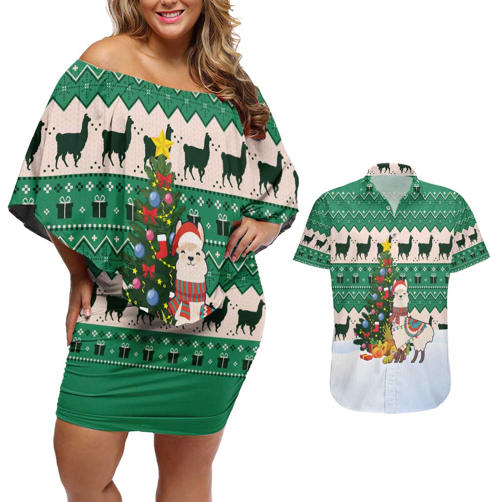 Llama Decorating Tree in Santa Hat Couples Matching Off Shoulder Short Dress and Hawaiian Shirt with Green Gift Pattern Design - Wonder Print Shop