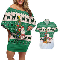 Llama Decorating Tree in Santa Hat Couples Matching Off Shoulder Short Dress and Hawaiian Shirt with Green Gift Pattern Design - Wonder Print Shop