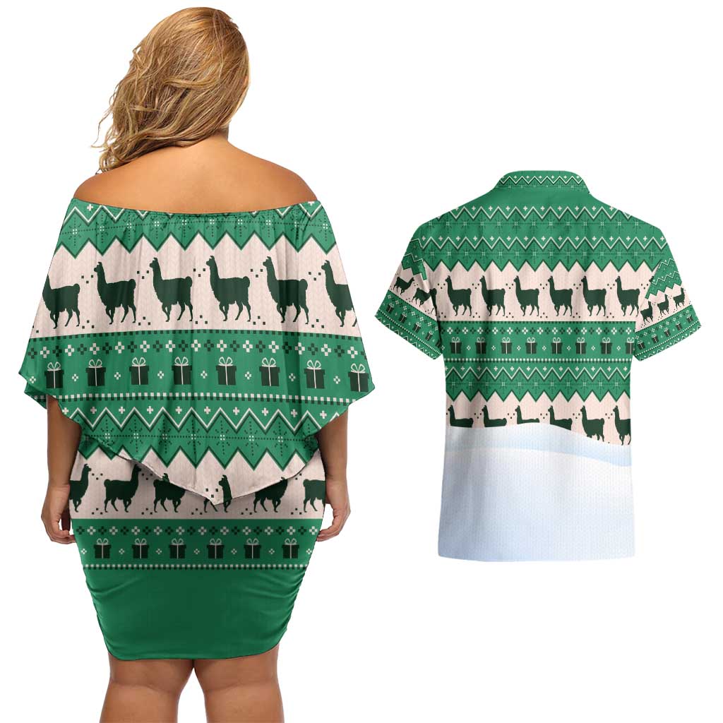 Llama Decorating Tree in Santa Hat Couples Matching Off Shoulder Short Dress and Hawaiian Shirt with Green Gift Pattern Design - Wonder Print Shop