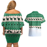 Llama Decorating Tree in Santa Hat Couples Matching Off Shoulder Short Dress and Hawaiian Shirt with Green Gift Pattern Design - Wonder Print Shop