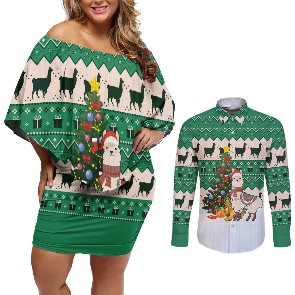Llama Decorating Tree in Santa Hat Couples Matching Off Shoulder Short Dress and Long Sleeve Button Shirt with Green Gift Pattern Design - Wonder Print Shop