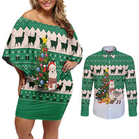 Llama Decorating Tree in Santa Hat Couples Matching Off Shoulder Short Dress and Long Sleeve Button Shirt with Green Gift Pattern Design - Wonder Print Shop