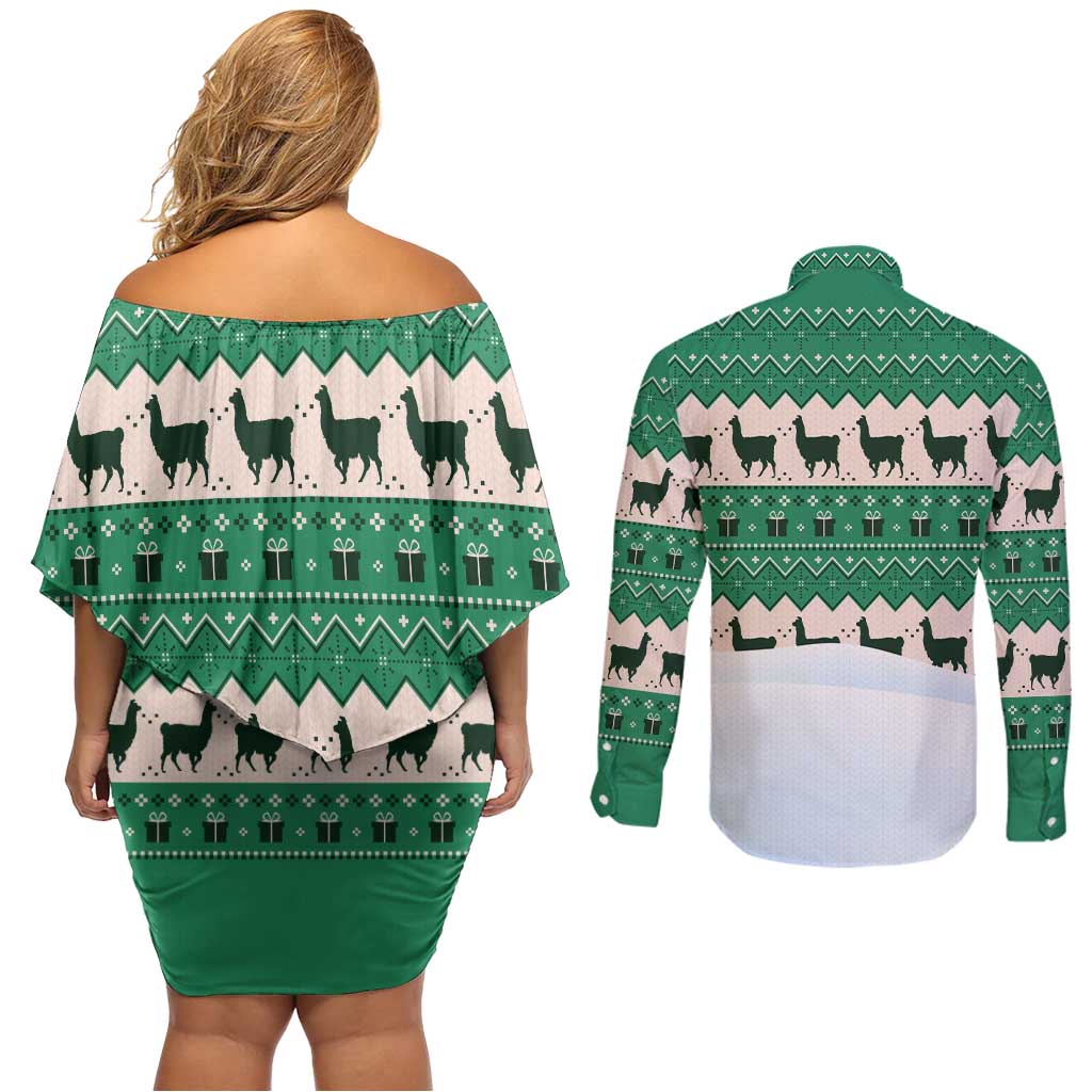 Llama Decorating Tree in Santa Hat Couples Matching Off Shoulder Short Dress and Long Sleeve Button Shirt with Green Gift Pattern Design - Wonder Print Shop