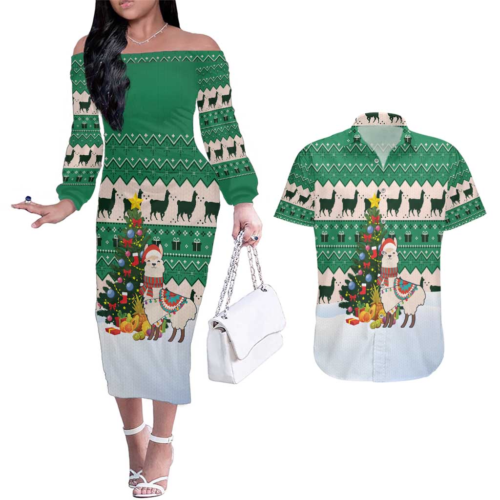 Llama Decorating Tree in Santa Hat Couples Matching Off The Shoulder Long Sleeve Dress and Hawaiian Shirt with Green Gift Pattern Design - Wonder Print Shop