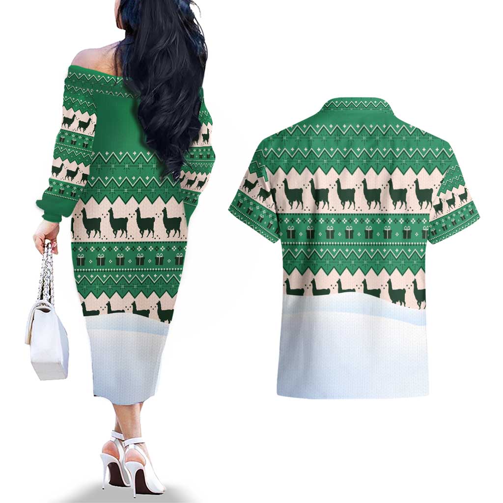 Llama Decorating Tree in Santa Hat Couples Matching Off The Shoulder Long Sleeve Dress and Hawaiian Shirt with Green Gift Pattern Design - Wonder Print Shop