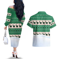 Llama Decorating Tree in Santa Hat Couples Matching Off The Shoulder Long Sleeve Dress and Hawaiian Shirt with Green Gift Pattern Design - Wonder Print Shop