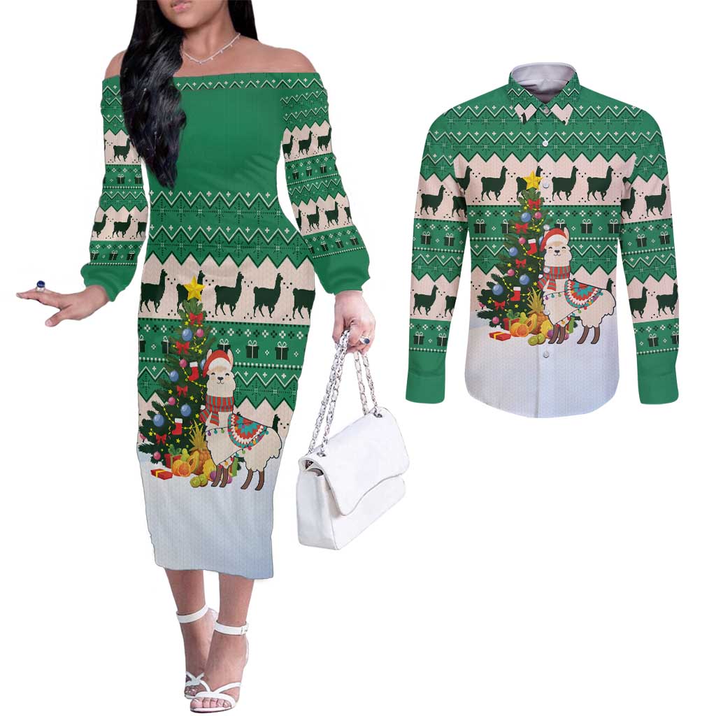 Llama Decorating Tree in Santa Hat Couples Matching Off The Shoulder Long Sleeve Dress and Long Sleeve Button Shirt with Green Gift Pattern Design - Wonder Print Shop