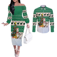 Llama Decorating Tree in Santa Hat Couples Matching Off The Shoulder Long Sleeve Dress and Long Sleeve Button Shirt with Green Gift Pattern Design - Wonder Print Shop