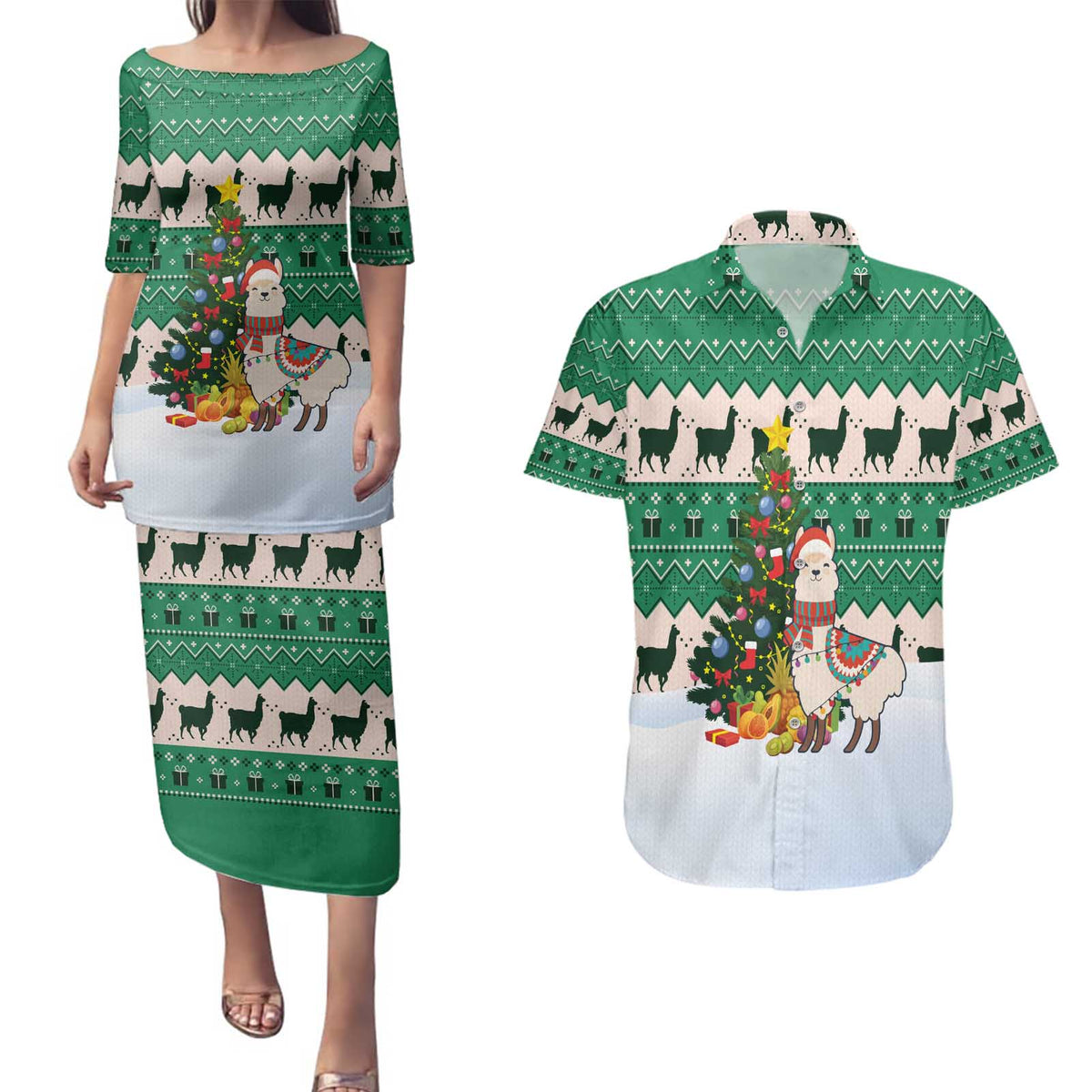 Llama Decorating Tree in Santa Hat Couples Matching Puletasi and Hawaiian Shirt with Green Gift Pattern Design - Wonder Print Shop
