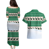 Llama Decorating Tree in Santa Hat Couples Matching Puletasi and Hawaiian Shirt with Green Gift Pattern Design - Wonder Print Shop
