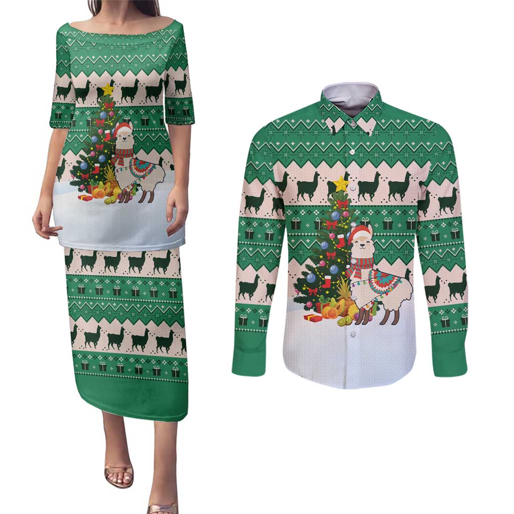 Llama Decorating Tree in Santa Hat Couples Matching Puletasi and Long Sleeve Button Shirt with Green Gift Pattern Design - Wonder Print Shop