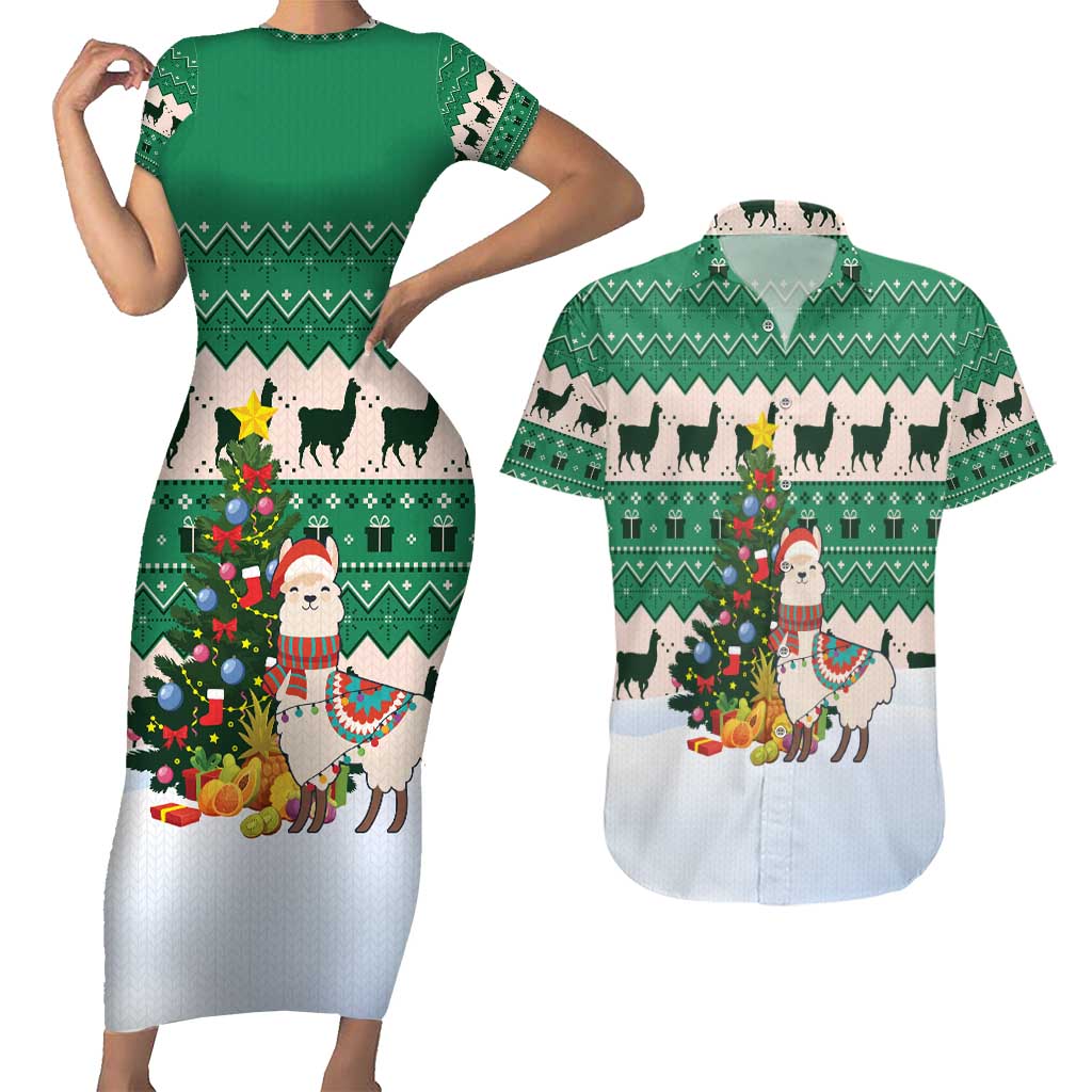 Llama Decorating Tree in Santa Hat Couples Matching Short Sleeve Bodycon Dress and Hawaiian Shirt with Green Gift Pattern Design - Wonder Print Shop