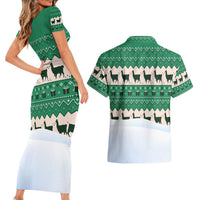 Llama Decorating Tree in Santa Hat Couples Matching Short Sleeve Bodycon Dress and Hawaiian Shirt with Green Gift Pattern Design - Wonder Print Shop