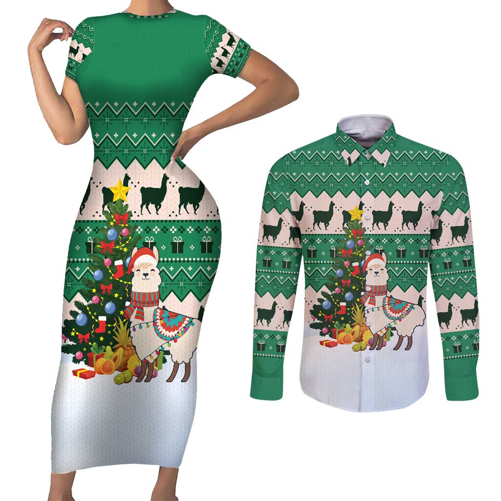 Llama Decorating Tree in Santa Hat Couples Matching Short Sleeve Bodycon Dress and Long Sleeve Button Shirt with Green Gift Pattern Design - Wonder Print Shop