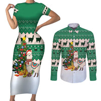 Llama Decorating Tree in Santa Hat Couples Matching Short Sleeve Bodycon Dress and Long Sleeve Button Shirt with Green Gift Pattern Design - Wonder Print Shop