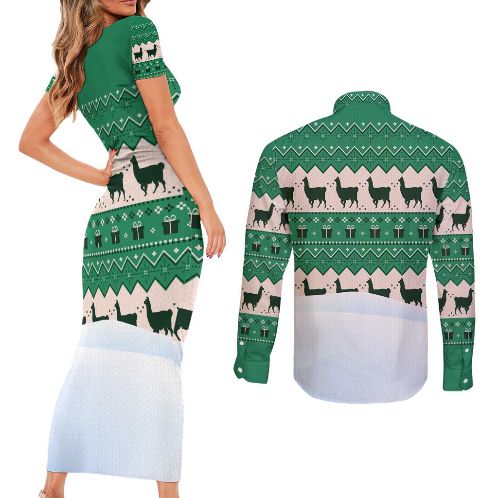 Llama Decorating Tree in Santa Hat Couples Matching Short Sleeve Bodycon Dress and Long Sleeve Button Shirt with Green Gift Pattern Design - Wonder Print Shop