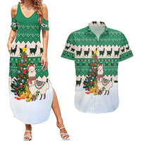 Llama Decorating Tree in Santa Hat Couples Matching Summer Maxi Dress and Hawaiian Shirt with Green Gift Pattern Design - Wonder Print Shop