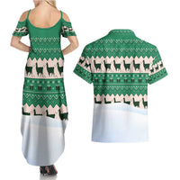 Llama Decorating Tree in Santa Hat Couples Matching Summer Maxi Dress and Hawaiian Shirt with Green Gift Pattern Design - Wonder Print Shop