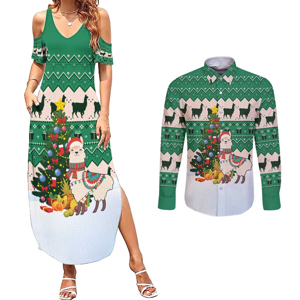 Llama Decorating Tree in Santa Hat Couples Matching Summer Maxi Dress and Long Sleeve Button Shirt with Green Gift Pattern Design - Wonder Print Shop