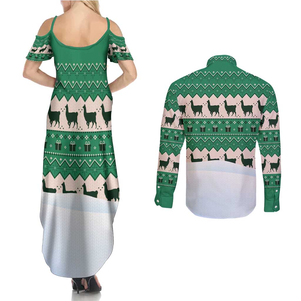 Llama Decorating Tree in Santa Hat Couples Matching Summer Maxi Dress and Long Sleeve Button Shirt with Green Gift Pattern Design - Wonder Print Shop