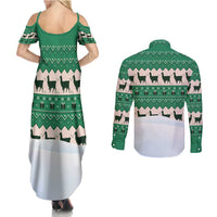 Llama Decorating Tree in Santa Hat Couples Matching Summer Maxi Dress and Long Sleeve Button Shirt with Green Gift Pattern Design - Wonder Print Shop