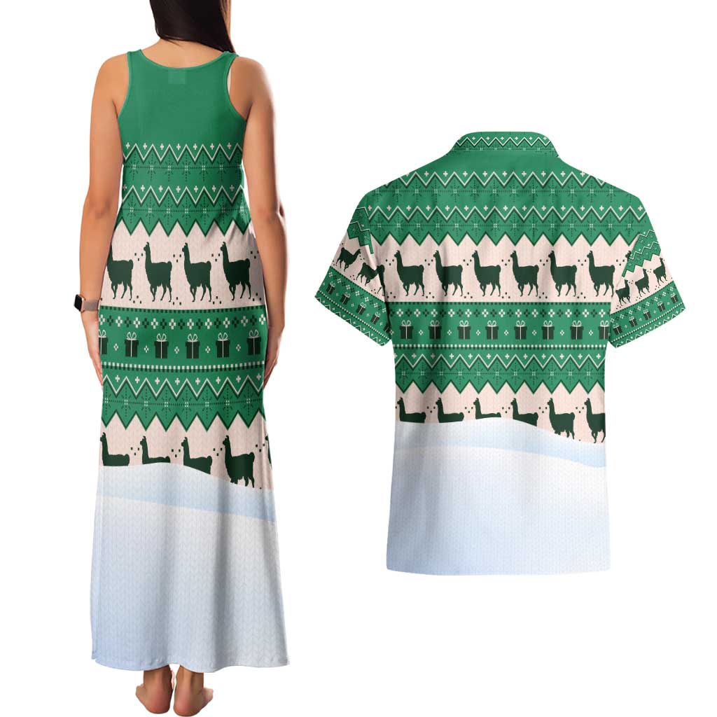Llama Decorating Tree in Santa Hat Couples Matching Tank Maxi Dress and Hawaiian Shirt with Green Gift Pattern Design - Wonder Print Shop