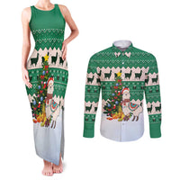 Llama Decorating Tree in Santa Hat Couples Matching Tank Maxi Dress and Long Sleeve Button Shirt with Green Gift Pattern Design - Wonder Print Shop