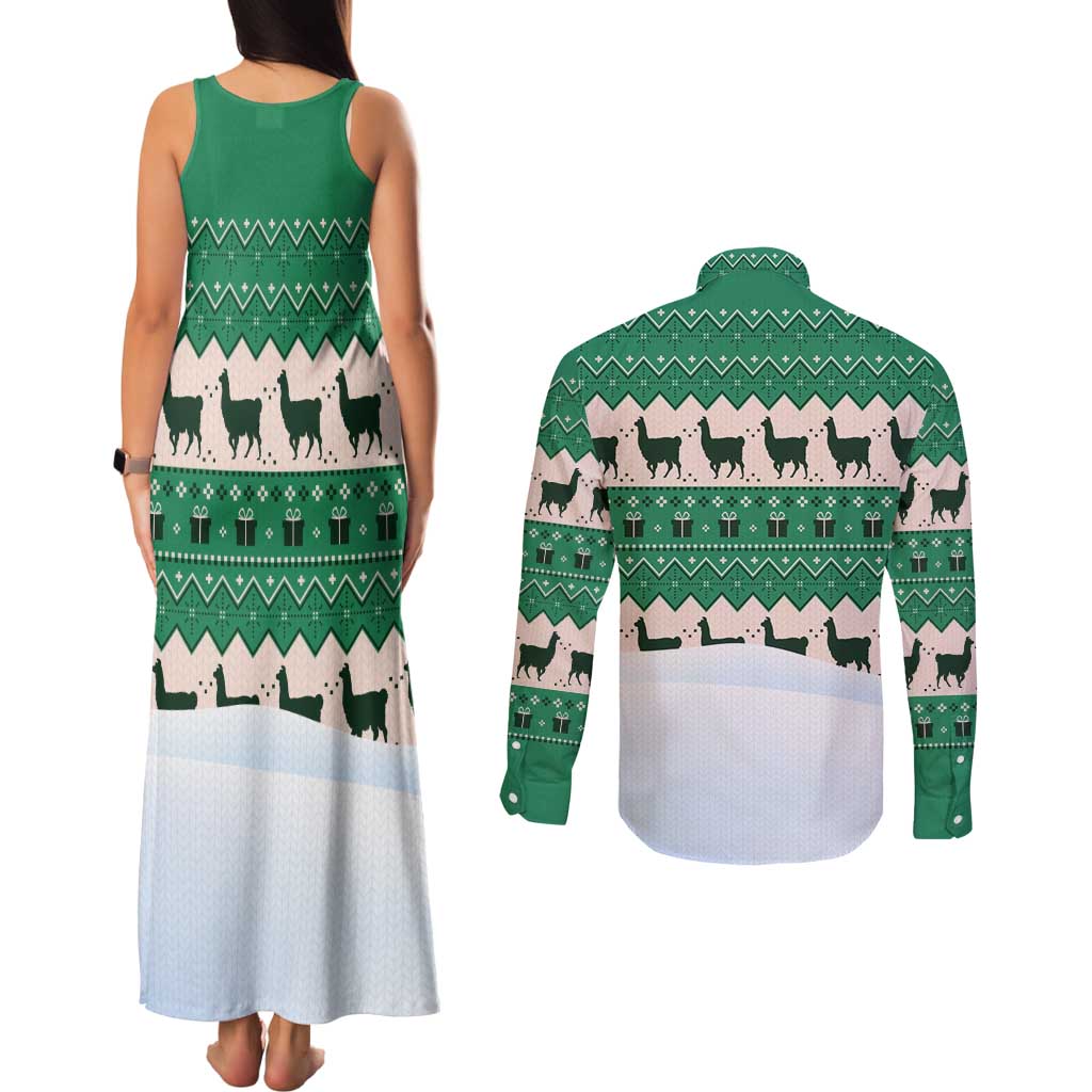 Llama Decorating Tree in Santa Hat Couples Matching Tank Maxi Dress and Long Sleeve Button Shirt with Green Gift Pattern Design - Wonder Print Shop