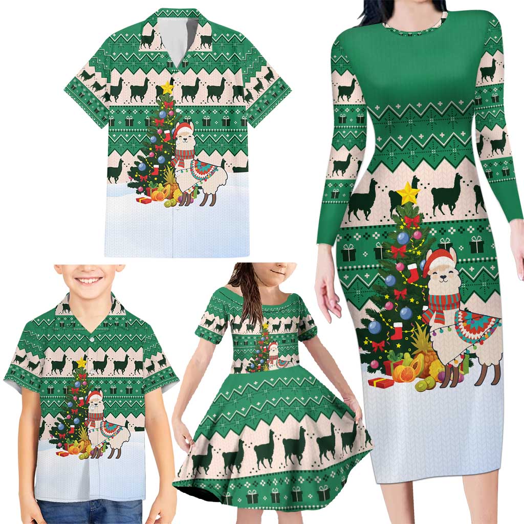 Llama Decorating Tree in Santa Hat Family Matching Long Sleeve Bodycon Dress and Hawaiian Shirt with Green Gift Pattern Design - Wonder Print Shop