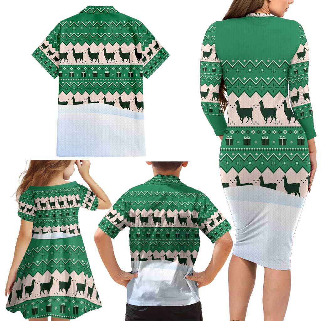 Llama Decorating Tree in Santa Hat Family Matching Long Sleeve Bodycon Dress and Hawaiian Shirt with Green Gift Pattern Design - Wonder Print Shop