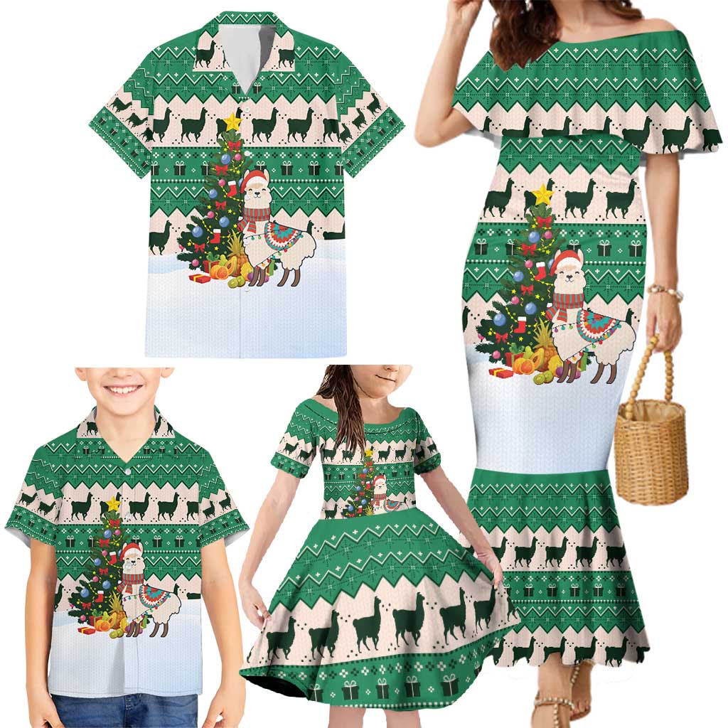 Llama Decorating Tree in Santa Hat Family Matching Mermaid Dress and Hawaiian Shirt with Green Gift Pattern Design - Wonder Print Shop