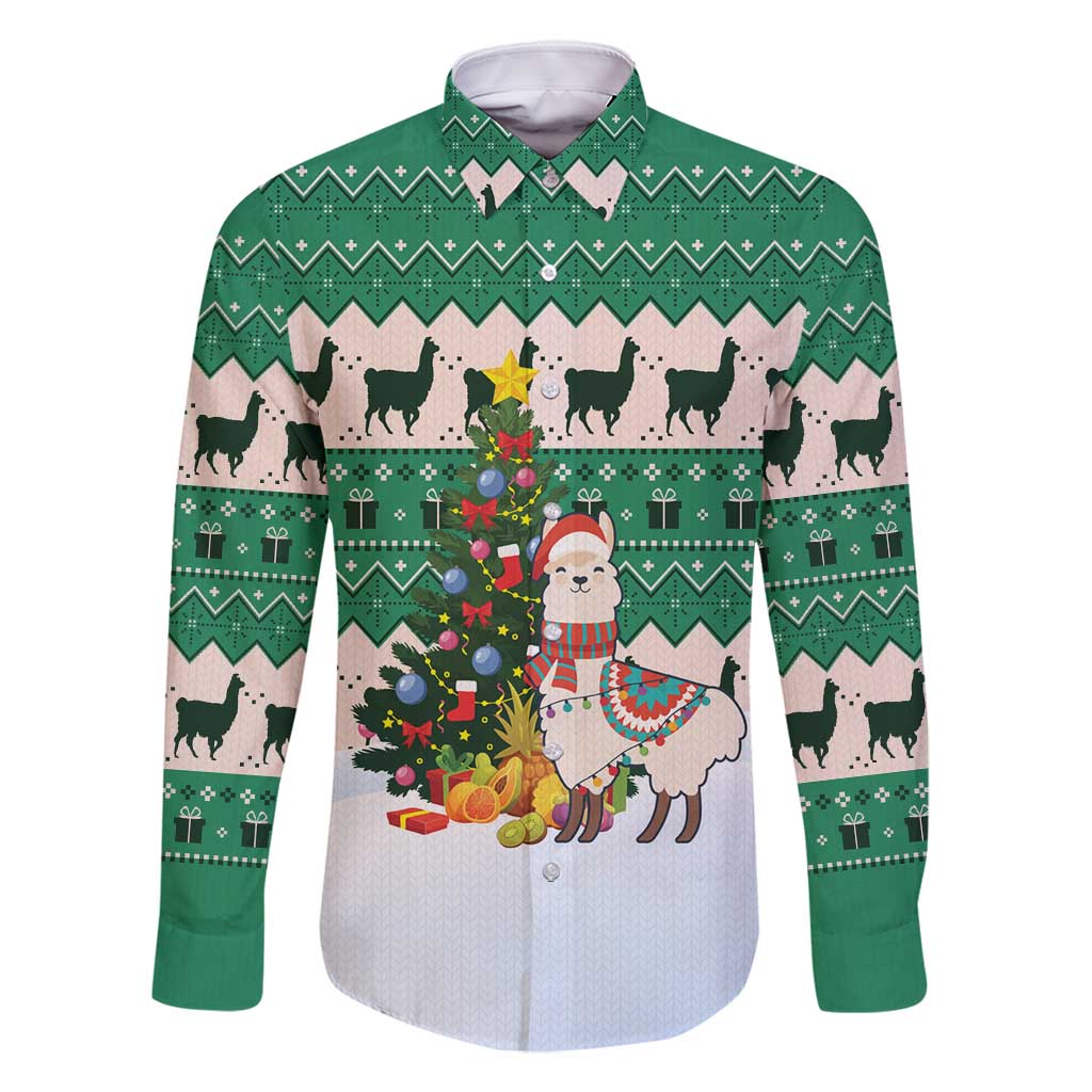 Llama Decorating Tree in Santa Hat Family Matching Mermaid Dress and Hawaiian Shirt with Green Gift Pattern Design - Wonder Print Shop