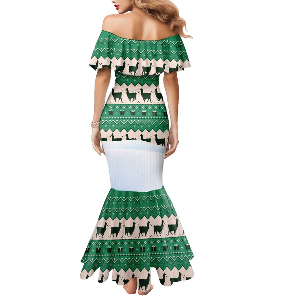 Llama Decorating Tree in Santa Hat Family Matching Mermaid Dress and Hawaiian Shirt with Green Gift Pattern Design - Wonder Print Shop