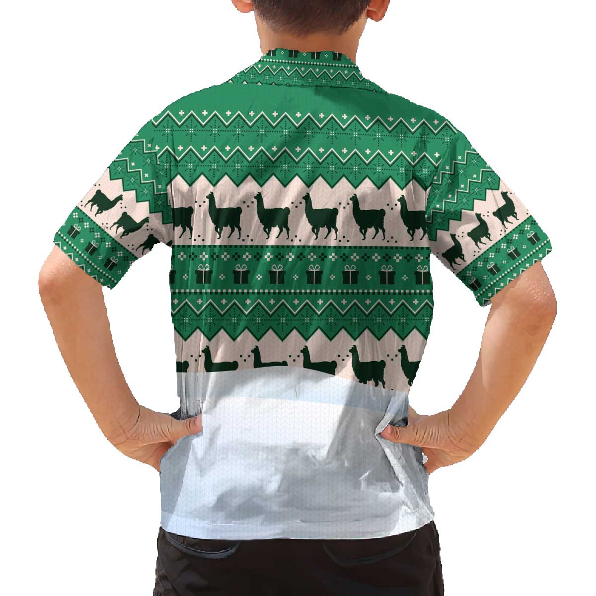 Llama Decorating Tree in Santa Hat Family Matching Off The Shoulder Long Sleeve Dress and Hawaiian Shirt with Green Gift Pattern Design - Wonder Print Shop