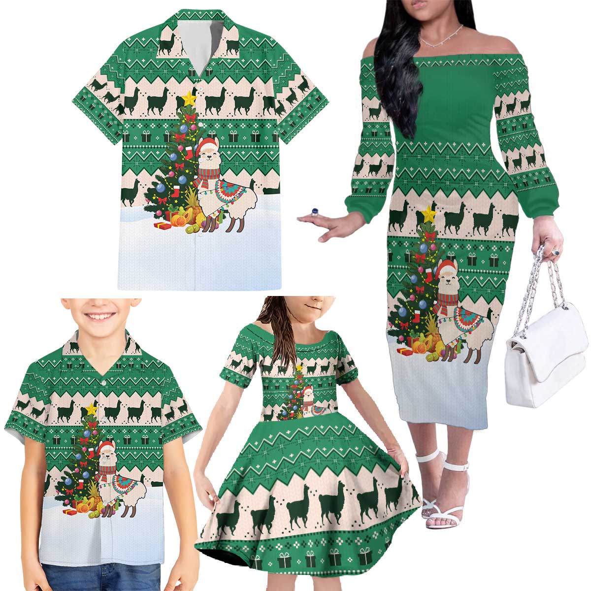 Llama Decorating Tree in Santa Hat Family Matching Off The Shoulder Long Sleeve Dress and Hawaiian Shirt with Green Gift Pattern Design - Wonder Print Shop